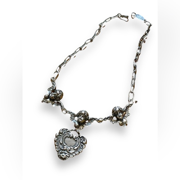 Vintage Art Deco Victorian T Foree Hunsicker Cherub Angel Sterling necklace RARE - Picture 1 of 16